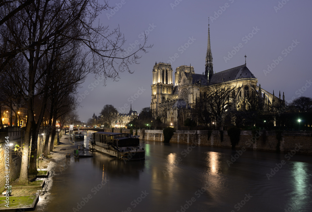 Obraz premium Notre Dame de Paris Cathedral and Seine River in the Evening, Paris, France