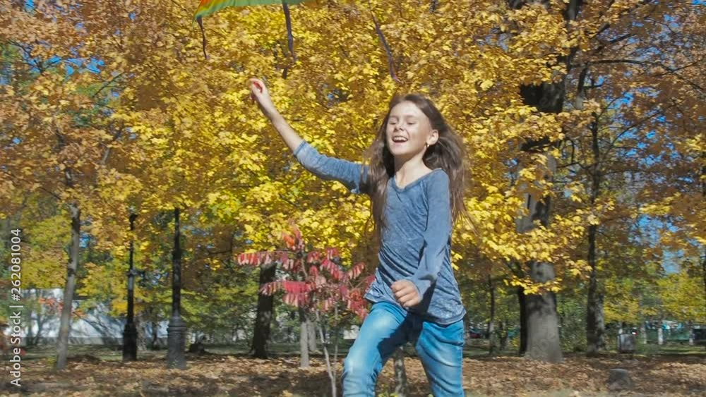 A little girl runs with a kite. Happy little girl playing with a kite in the autumn on nature. A little girl runs with a kite. Happy little girl playing with a kite in the autumn on nature.