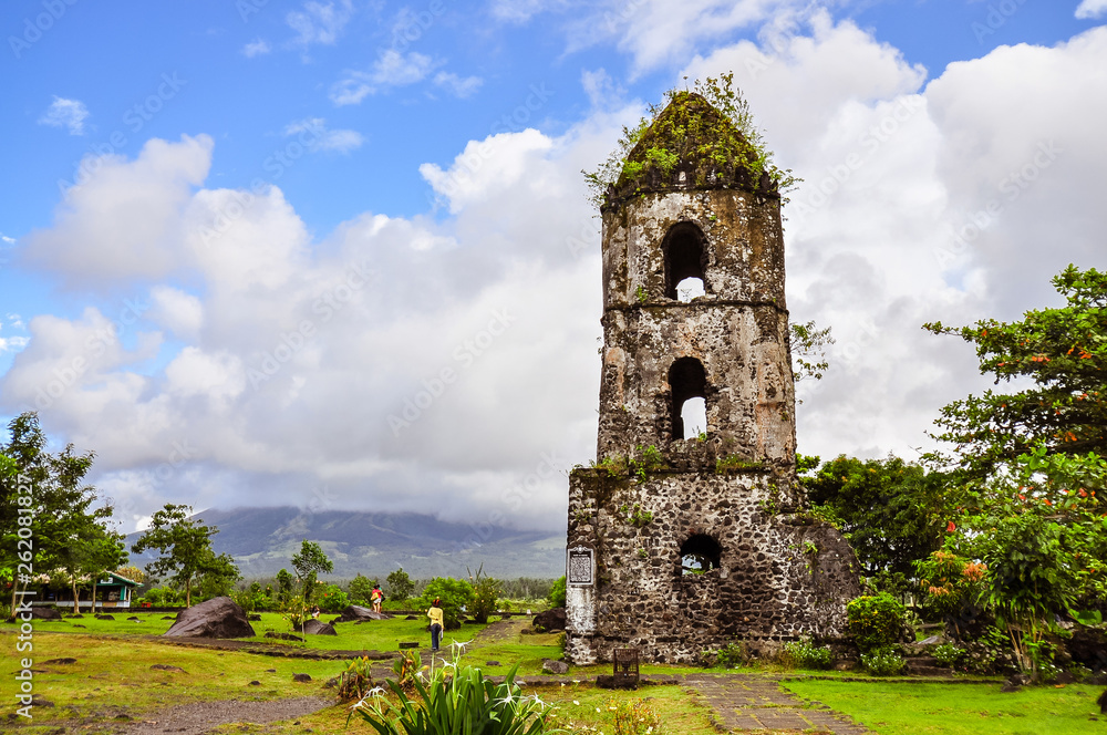 Naklejka premium Only the bell tower remains of the Cagsawa Church, which was buried by the 1814 eruption of Mayon Volcano in the municipality of Daraga, Albay, the Philippines.