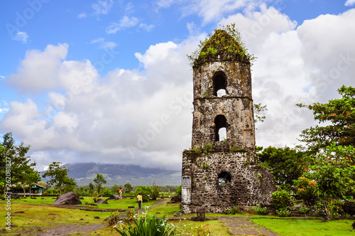 Only the bell tower remains of the Cagsawa Church, which was buried by the 1814 eruption of Mayon Volcano in the municipality of Daraga, Albay, the Philippines. photo