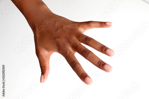 black african female hand gesturing - pointing, offensive sign, thumbs up, open hand