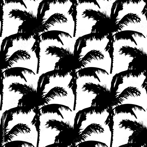 Black vector palm trees. Hand drawn seamless pattern. Summer  tropical palm tree leaves seamless pattern. Abstract nature background