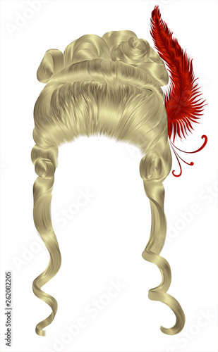 woman wig  hairs curls. medieval style rococo,baroque.high hairdress with  feather.