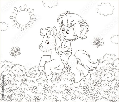 Little cute girl riding a white pony on a green field with flowers on a sunny day, vector illustration in a cartoon style