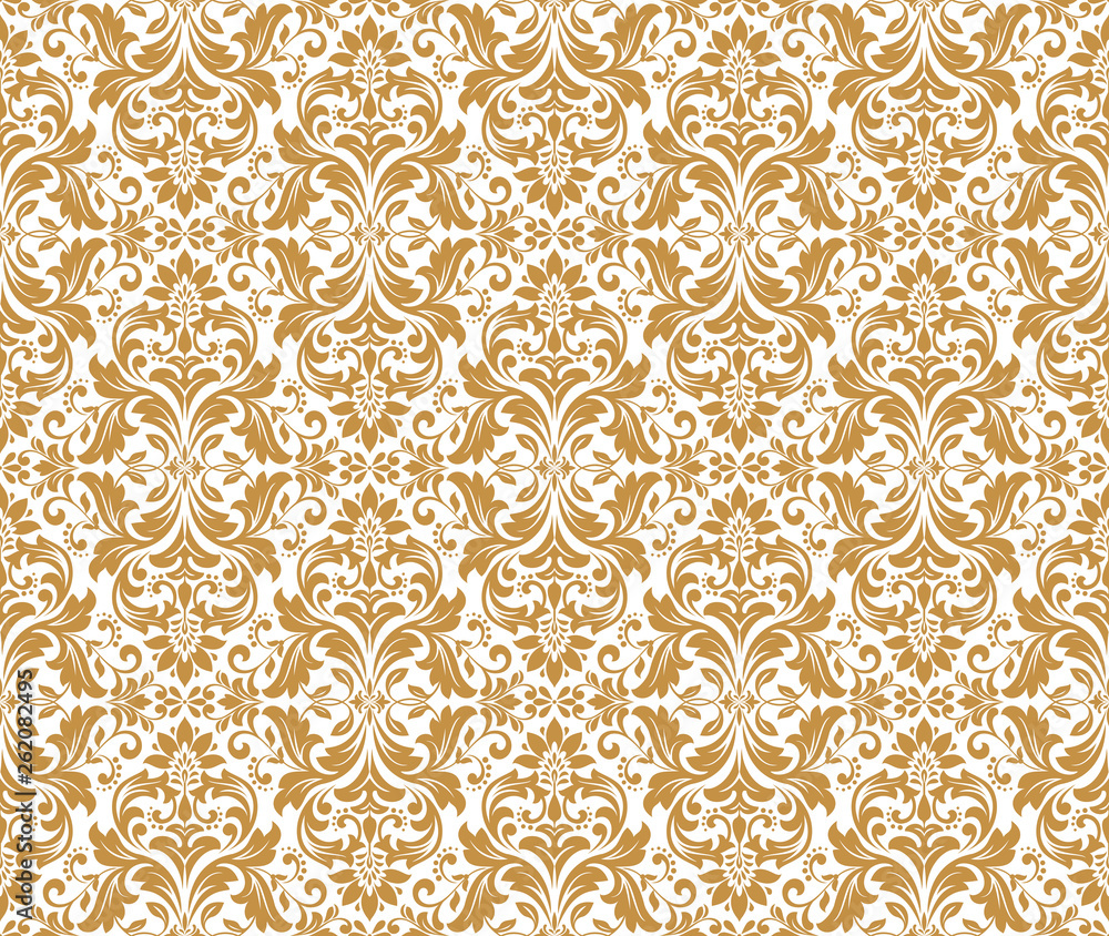 Floral pattern. Vintage wallpaper in the Baroque style. Seamless vector  background. White and gold ornament for fabric, wallpaper, packaging.  Ornate Damask flower ornament Stock Vector | Adobe Stock