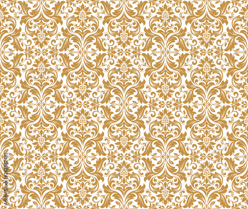 Floral pattern. Vintage wallpaper in the Baroque style. Seamless vector background. White and gold ornament for fabric, wallpaper, packaging. Ornate Damask flower ornament