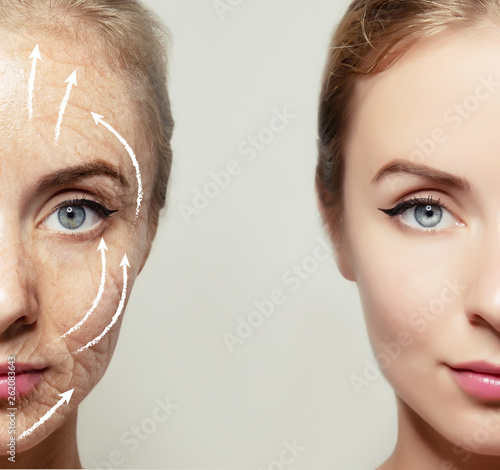 woman face divided in two halves with young and old skin