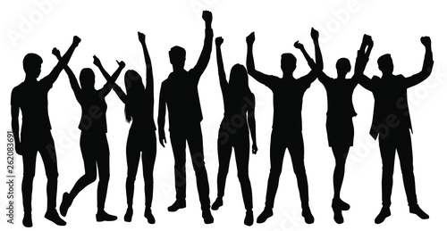 Vector silhouettes men and women standing, set, profile, hands up, different poses, business, people, group, black color, isolated on white background