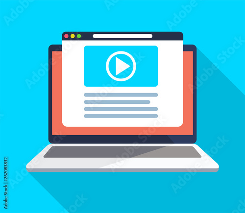 Video on computer, vector illustration in flat style.