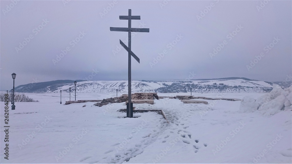 Panoramic view from the shore of the island Sviyazhsk on the ice in winter. Sviyazhsk Village, Republic Of Tatarstan, Russia. Panoramic view from the shore of the island Sviyazhsk on the ice in winter. Sviyazhsk Village, Republic Of Tatarstan, Russia.