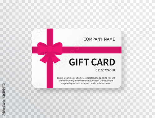 Gift card with pink bow and ribbon on transparent background. Gift voucher. Credit card design template. Shopping certificate. Vector Illustration