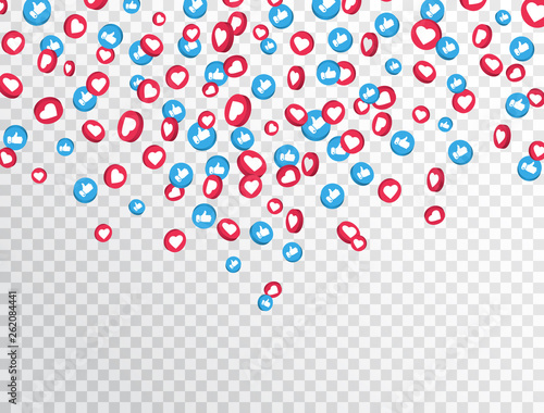 Like and thumbs up icons falling on transparent background. 3d social network symbol. Counter notification icons. Social media elements. Emoji reactions. Vector illustration