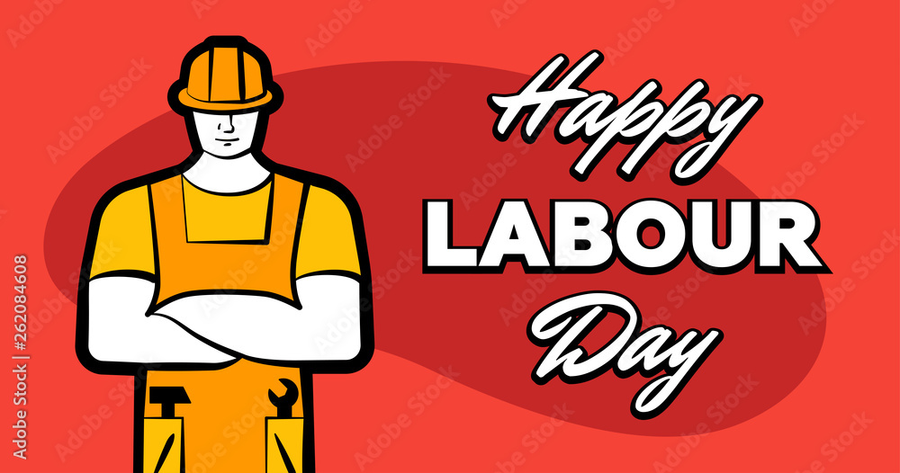 Worker man in yellow construction helmet and inscription Happy labour day. 1 may greeting card. Poster or banner vector illustration Worker man in yellow construction helmet and inscription Happy labour day. 1 may greeting card. Poster or banner vector illustration
