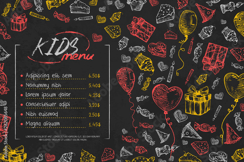 Kids birthday menu vector template, cute children birthday restaurant creative flyer, on black background. Chalk on blackboard hand drawn sketch style illustration Hand drawn vector illustration.