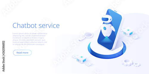 Chatbot or artificial intelligence network concept in isometric vector illustration. Neuronet or ai technology background with robot head and connections of neurons. Web banner layout template.