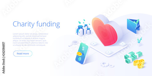 Charity fund or care in isometric vector concept. Volunteer community or donation metaphor illustration. Web banner layout for people help or support,