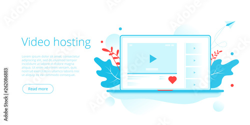 Video hosting concept in isometric vector illustration. Online streaming service background with laptop and like button. Social media layout template for web banner.