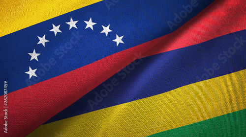 Venezuela and Mauritius two flags textile cloth, fabric texture