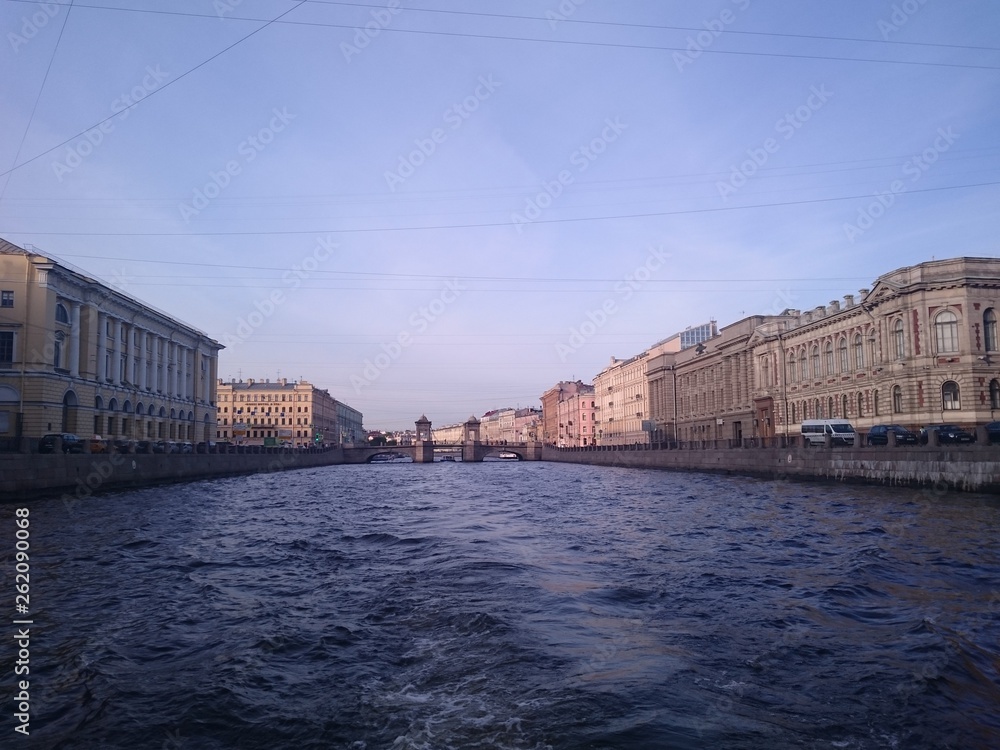 View of St. Petersburg. River channel with boats in Saint-Petersburg.