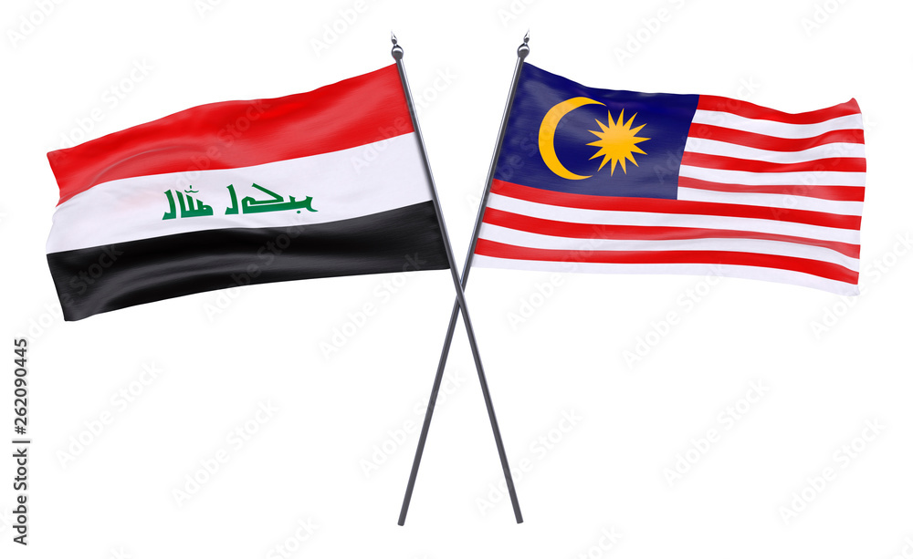Iraq and Malaysia, two crossed flags isolated on white background. 3d image