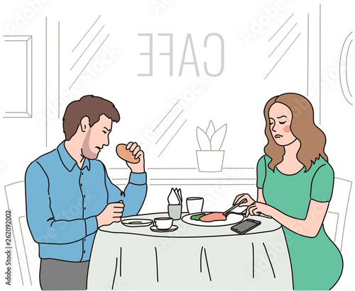Dissatisfied man and woman have a breakfast in a cafe. Round table by the window. Vector illustration
