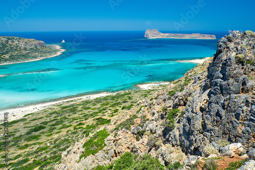 Fototapeta Naklejka Na Ścianę i Meble -  Gramvousa Castle and Laguna Balos, Crete. Beautiful beach with clear blue water. View of the island from the opposite shore.