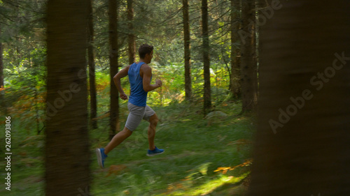 Athletic sportsman goes for a long relaxing jog along an empty forest trail