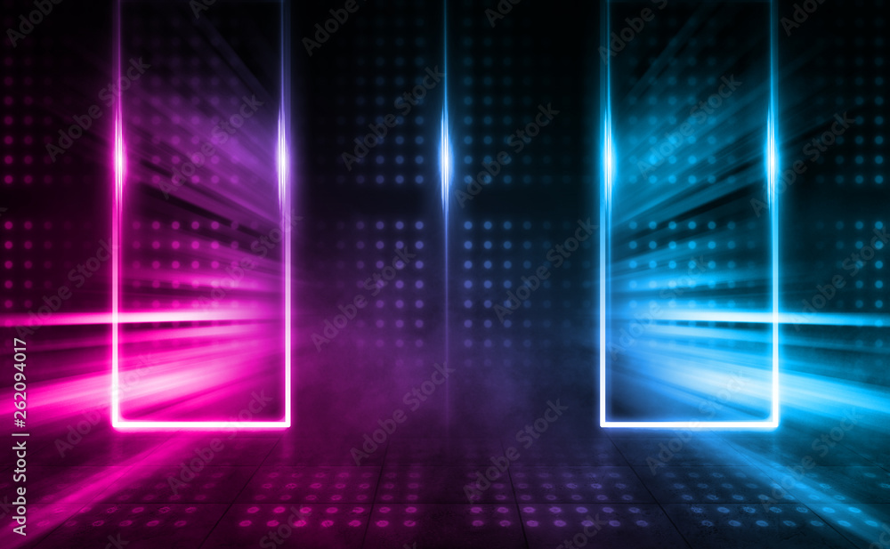 Empty background scene. Dark street, a reflection of blue and pink neon light on wet pavement. Rays of light in the dark, smoke. Night view of the street, the city. Abstract dark background. Empty background scene. Dark street, a reflection of blue and pink neon light on wet pavement. Rays of light in the dark, smoke. Night view of the street, the city. Abstract dark background.
