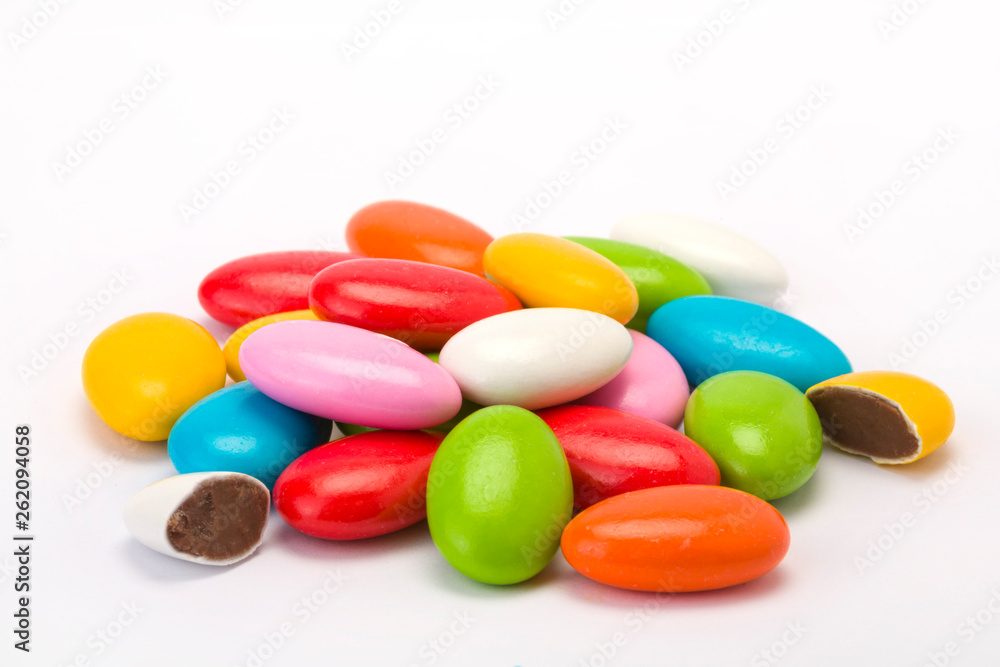 dragees with chocolate filing on white background dragees with chocolate filing on white background