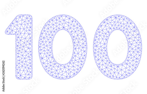 Mesh 100 digits text polygonal icon illustration. Abstract mesh lines and dots form triangular 100 digits text. Wire frame 2D polygonal line network in vector format isolated on a white background.