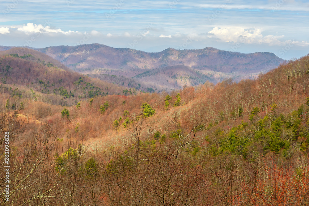 Scenic view of the Blue RIdge mountains from a viewpoint along the Blue Ridge Parkway between the towns of Buena Vista and Montebello, Virginia