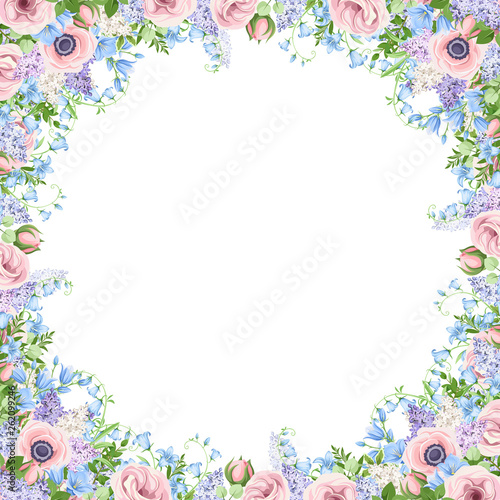 Vector background frame with pink  blue and purple flowers.