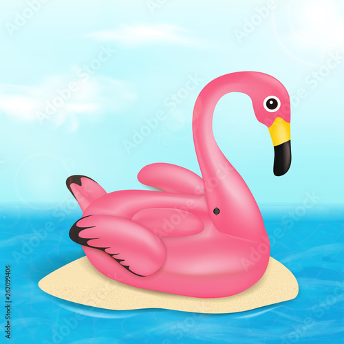 Summer vector banner design concept with pink Flamingo pool float, bright sun and ocean. Summer vacation holiday, traveling, tropical beach and sea. Vector illustration © pipochka