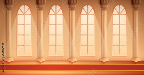 beautiful cartoon hall of a castle with a carpet, vector illustration