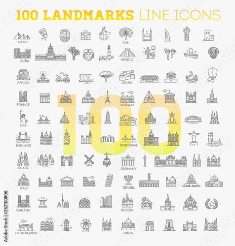 Simple linear Vector icon set representing global tourist landmarks and travel destinations for vacations