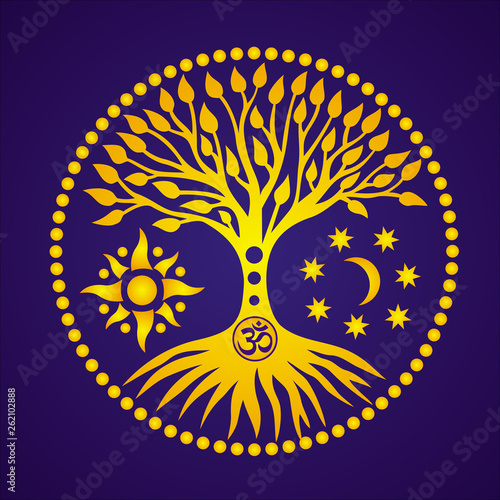 The tree of life with the sign Aum / Ohm / Om  in the center of the mandala on the background of the moon and the sun. Spiritual and sacred symbol. Vector graphics.