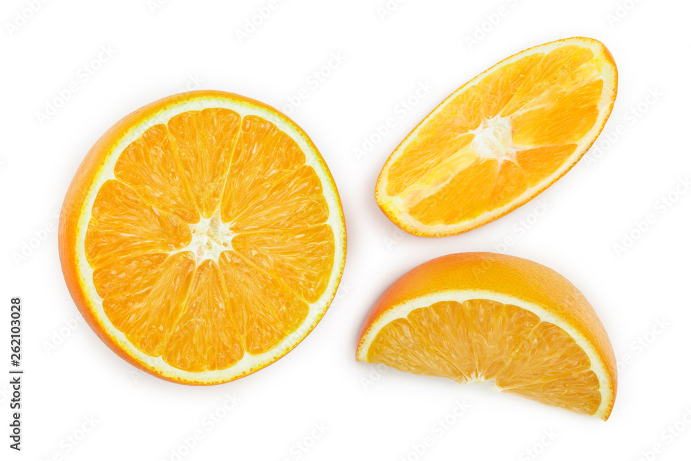 orange fruit slice isolated on white background. Top view. Flat lay