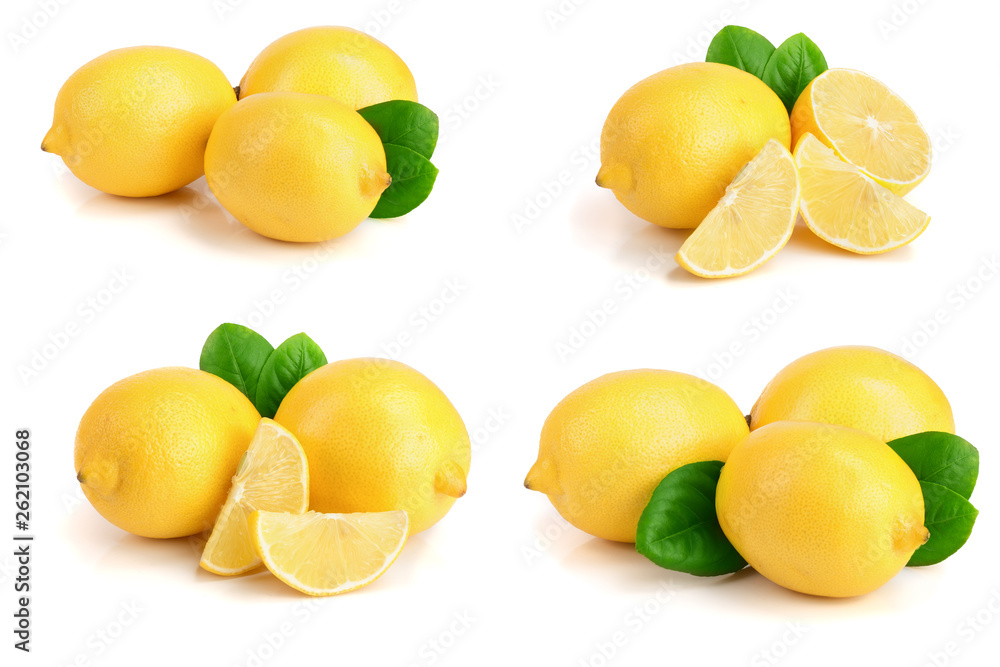 Lemon with leaf isolated on white background. Set or collection Lemon with leaf isolated on white background. Set or collection