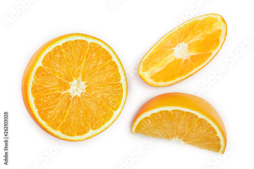 orange fruit slice isolated on white background. Top view. Flat lay