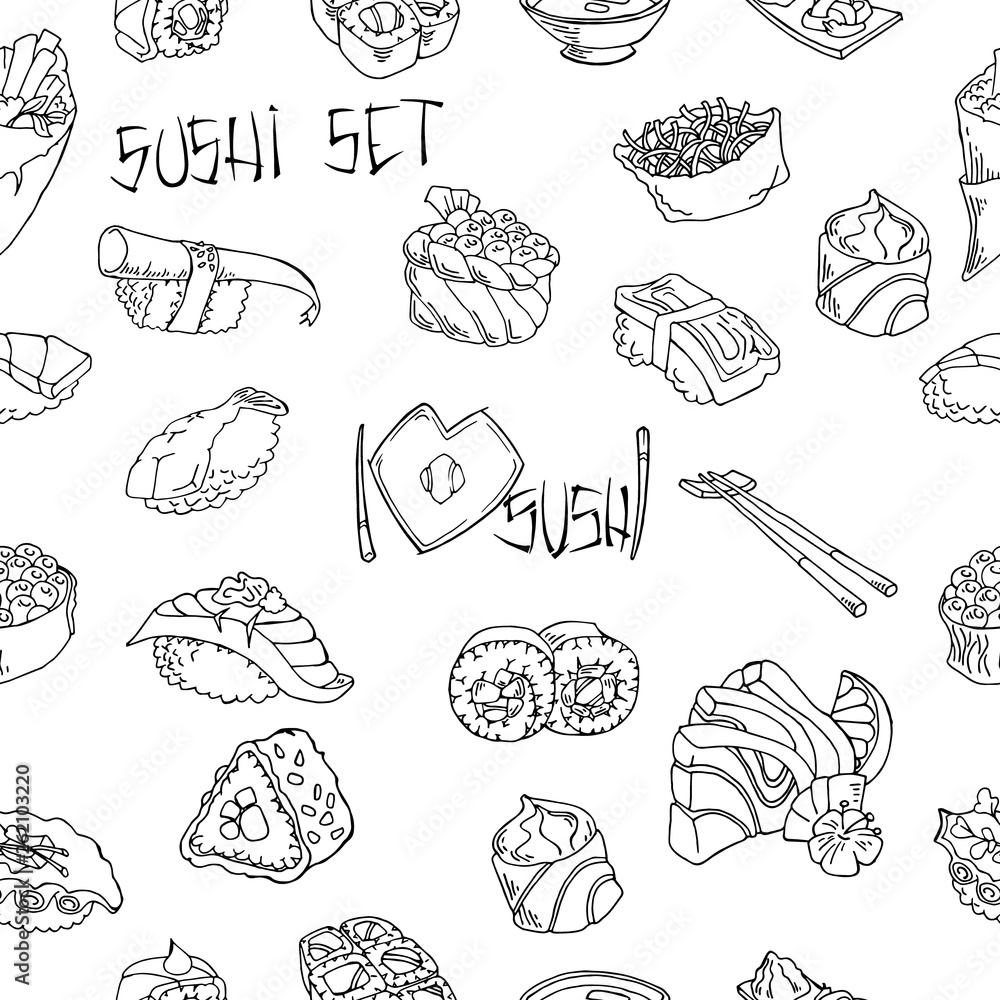 Sushi and rolls vector background. Hand drawn graphics on white background. seamless background