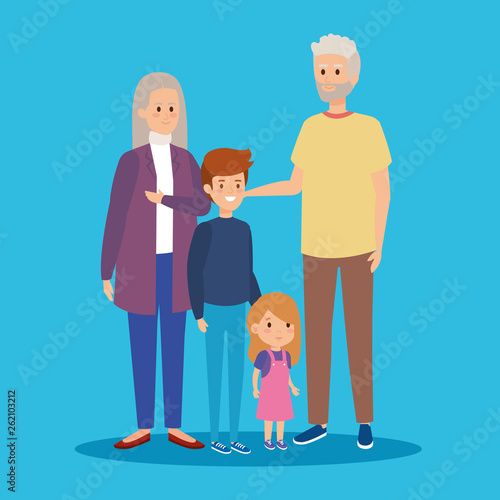 grandparents together with happy grandson and granddaughter