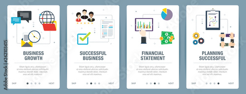 Web banners concept in vector with business growth, successful business, financial statement and planning successful.  Internet website banner concept with icon set. Flat design vector illustration.