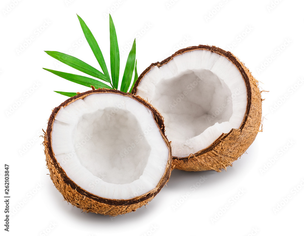 half of coconut with leaves isolated on white background half of coconut with leaves isolated on white background