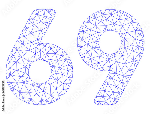 Mesh 69 digits text polygonal icon illustration. Abstract mesh lines and dots form triangular 69 digits text. Wire frame 2D polygonal line network in vector format isolated on a white background.