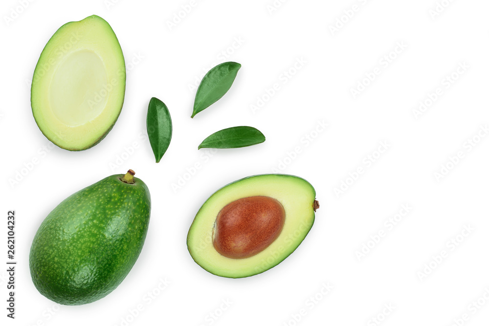 avocado and slices isolated on white background with copy space for your text. Top view. Flat lay avocado and slices isolated on white background with copy space for your text. Top view. Flat lay
