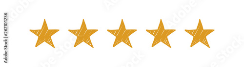 Hand drawn five gold stars on the white background. Rating concept 