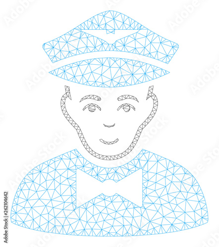 Mesh airline steward polygonal 2d illustration. Abstract mesh lines and dots form triangular airline steward. Wire frame 2D polygonal line network in vector format isolated on a white background.