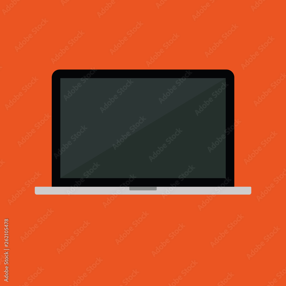 Gray color Laptop with black blank screen on orange background. Laptop flat style, vector. Gray color Laptop with black blank screen on orange background. Laptop flat style, vector.