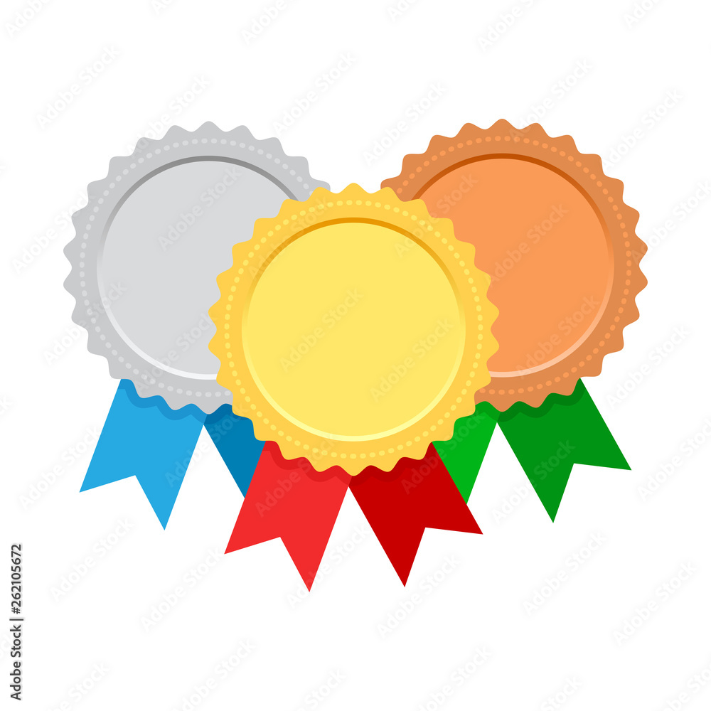 Set of award medals with colorful ribbon. Gold, silver and bronze. Vector illustration Set of award medals with colorful ribbon. Gold, silver and bronze. Vector illustration