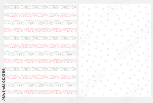 Abstract Irregular Geometric Seamless Vector Pattern. Hand Drawn Gray and Light Pink Stripes and Dots Isolated on a White Background. Stripes Made of Tiny Dots. Cute Pastel Color Design.